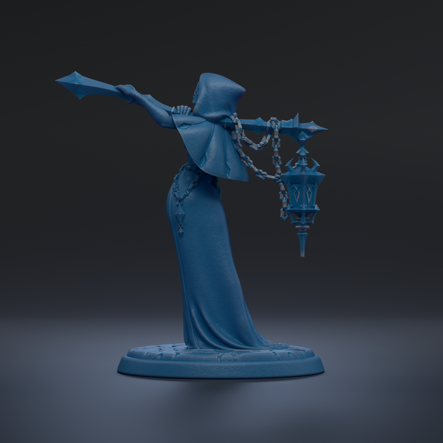 A blue statue of a figure holding a lantern and sword stands on a base against a dark background.