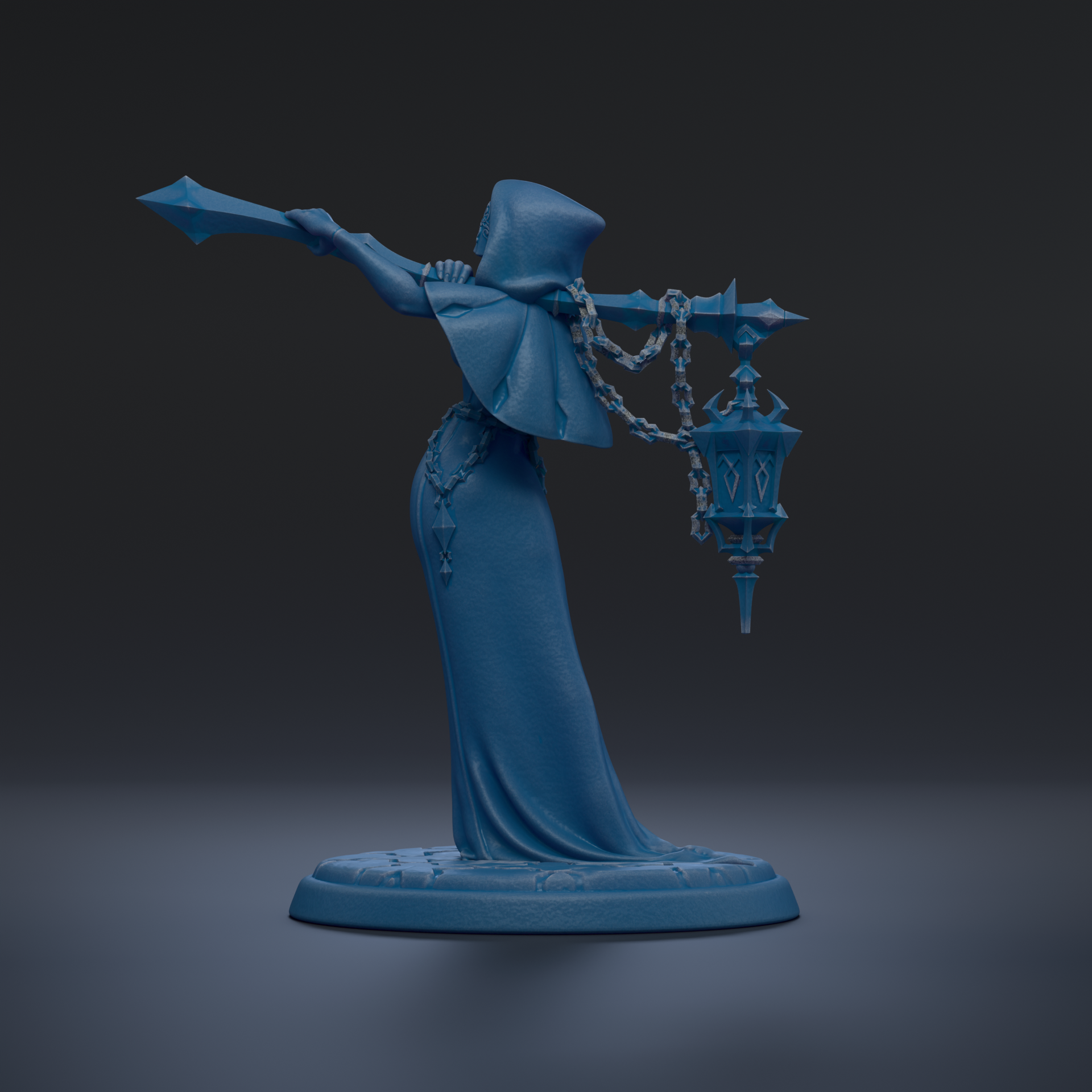 A blue statue of a figure holding a lantern and sword stands on a base against a dark background.