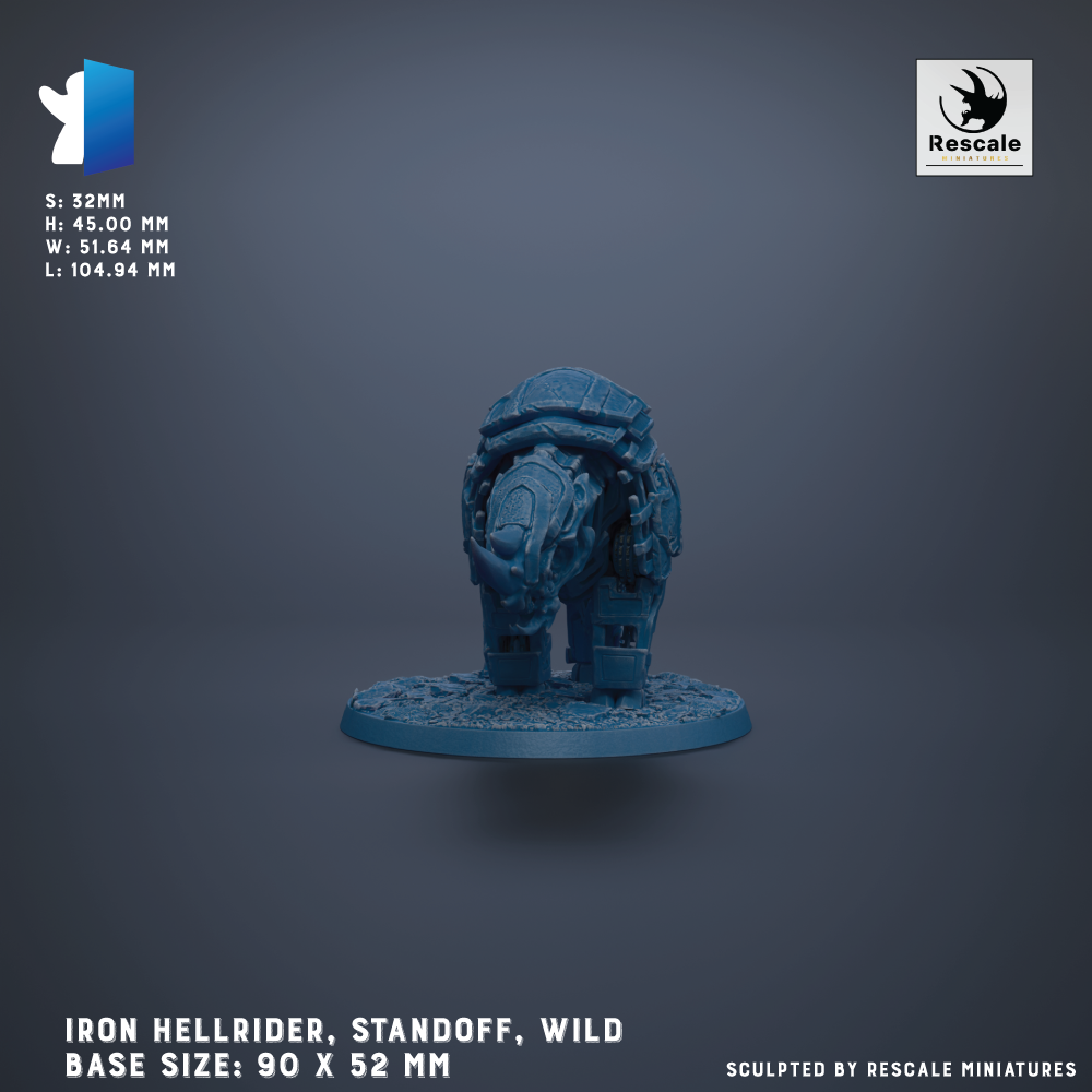 a blue, metallic, mechanical figure resembling a robot or mechanical device, standing on a base. The base sizes are 90 x 52 mm.