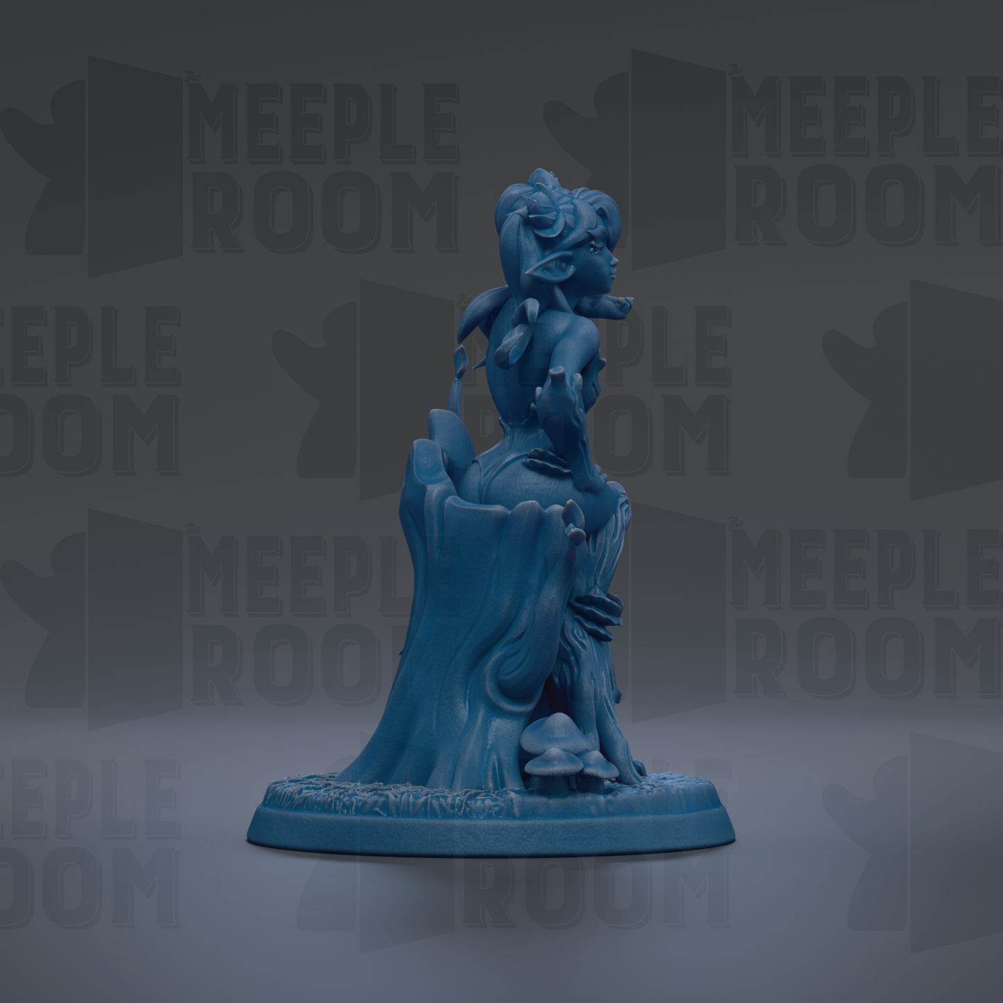 A blue figurine of a fairy or magical creature sitting on a tree stump against a dark background with repeated text.