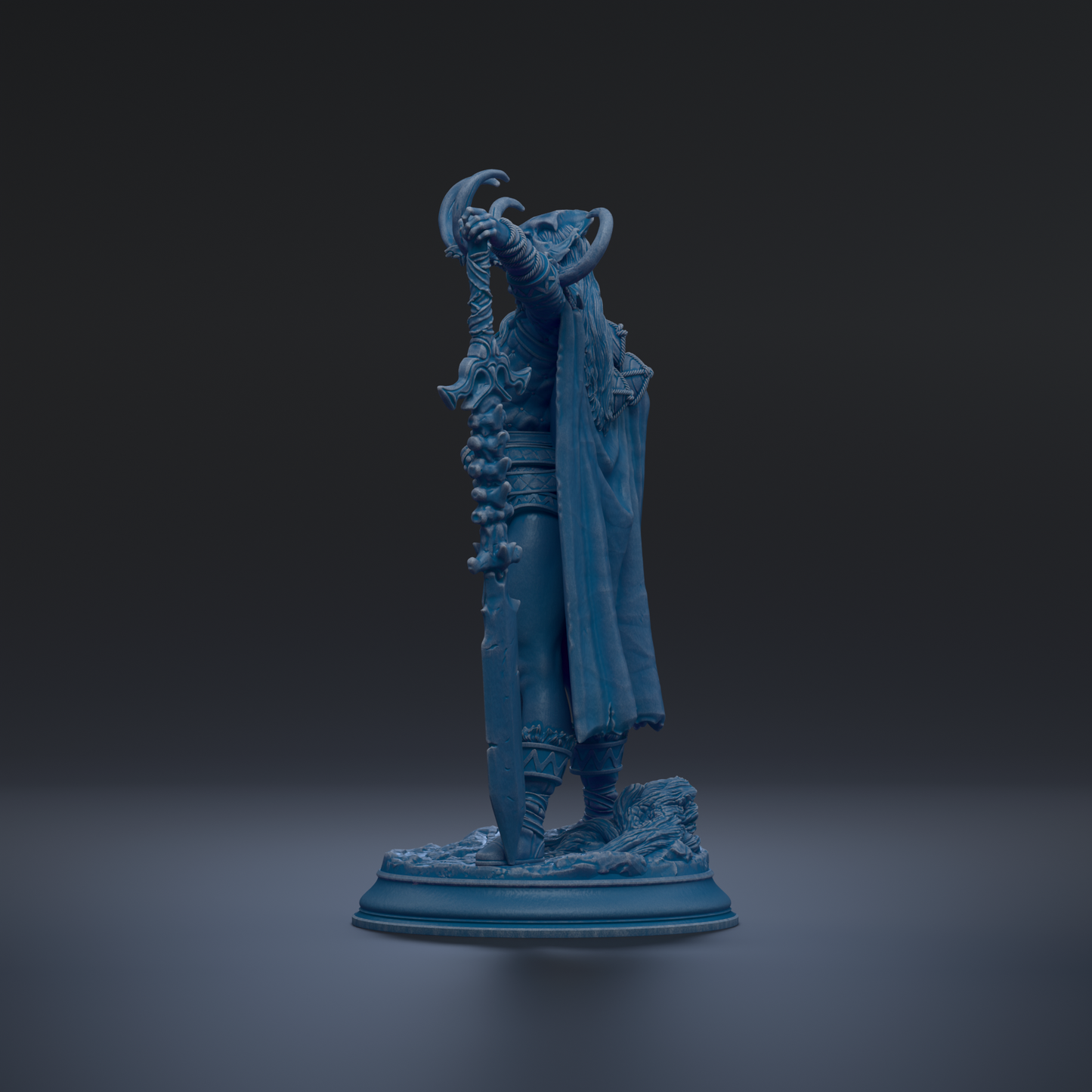 A blue statue of a figure holding a sword and shield stands on a pedestal against a dark background.