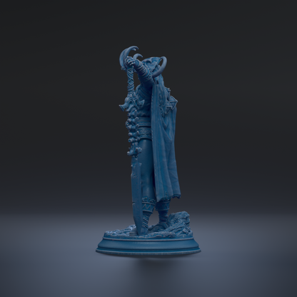 A blue statue of a figure holding a sword and shield stands on a pedestal against a dark background.