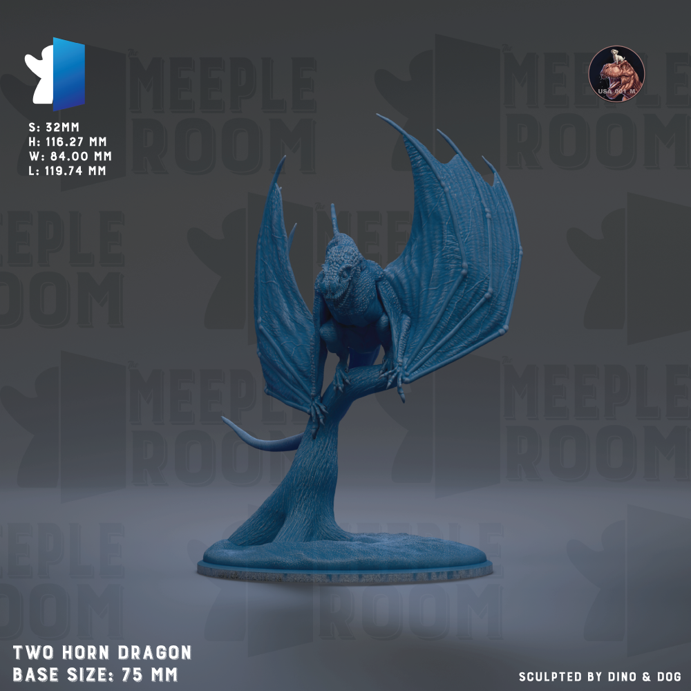 The image is a 3D model of a blue horn dragon statue, with wings spread wide, standing on a base. The dragon is depicted in a dynamic pose, with its body oriented towards the left side of the image. The base size of the dragon is 75 millimeters. The image is a collage of multiple images, and it is described as a "two horn dragon" statue. The image is not a description of a single object, but rather a collection of images that together form a single image.