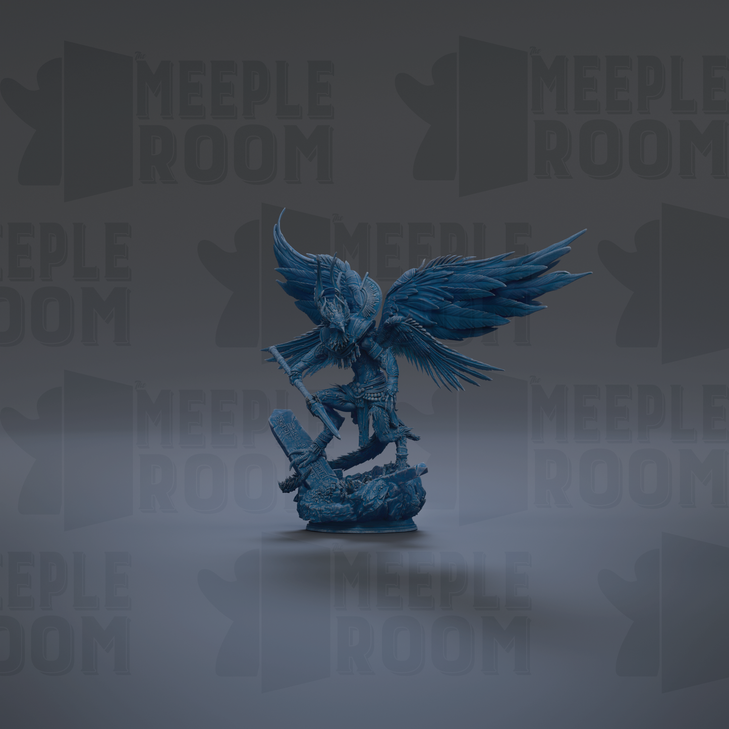A blue, winged statue of a deity or angel stands prominently against a dark background with repeated "MEIPLE ROOM" text.