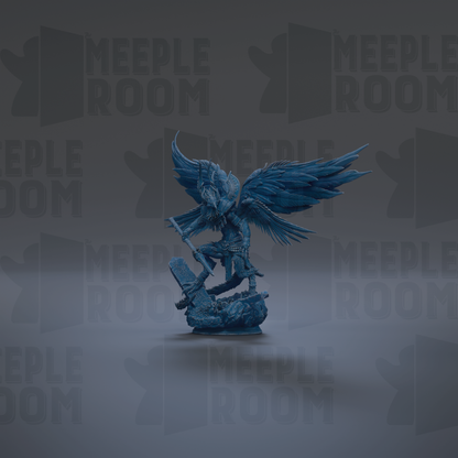 A blue, winged statue of a deity or angel stands prominently against a dark background with repeated "MEIPLE ROOM" text.