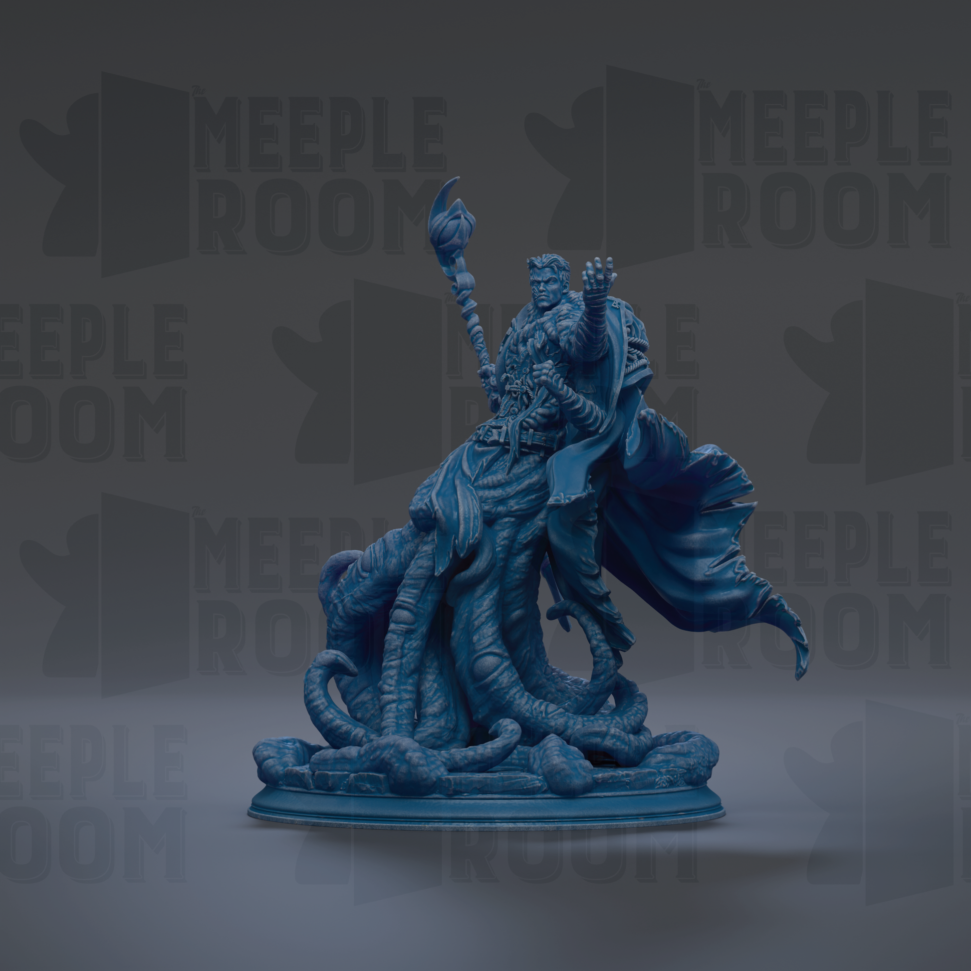 A blue figurine of a deity or mythical figure, with intricate details and a flowing robe, is displayed against a dark background with repeated text.