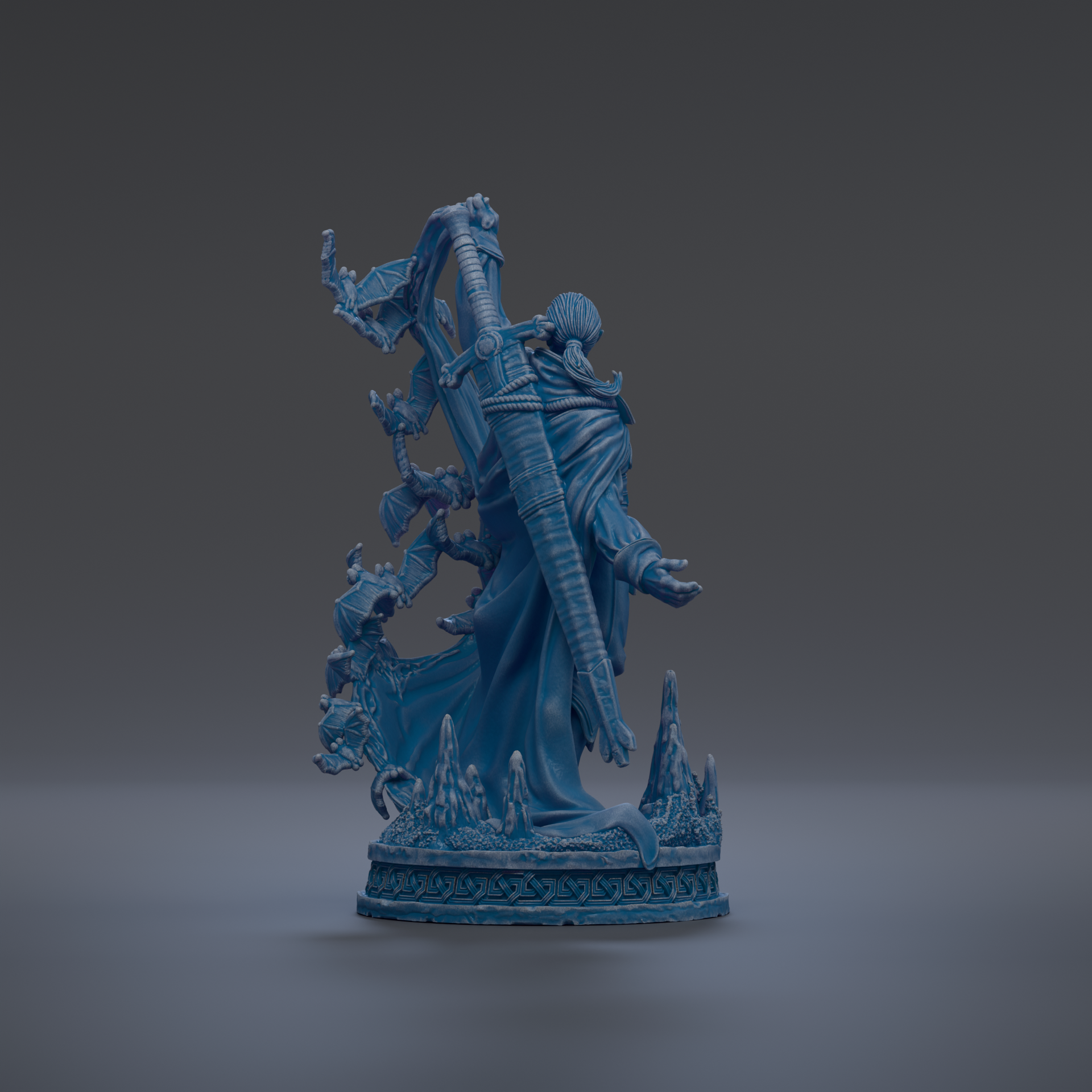 A 3D rendering of a blue statue depicting a figure with a sword and a flowing robe, standing on a base with various elements.