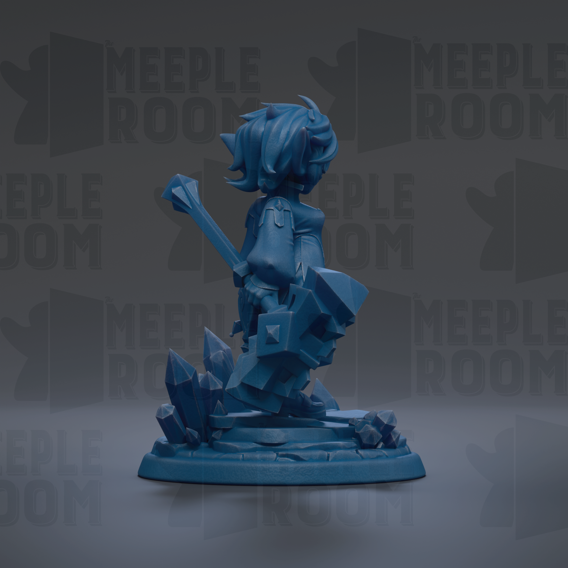 A blue figurine of a character with a sword and shield stands on a base with crystals, against a dark background with repeated text.