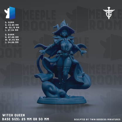a figurine of a woman dressed as a witch, with a dark blue color scheme. The figurine is shown in a dynamic pose, with one arm extended and the other arm raised. The base size of the figurine is 25mm or 50mm. The image is a sculpted by Twin Goddess miniatures.