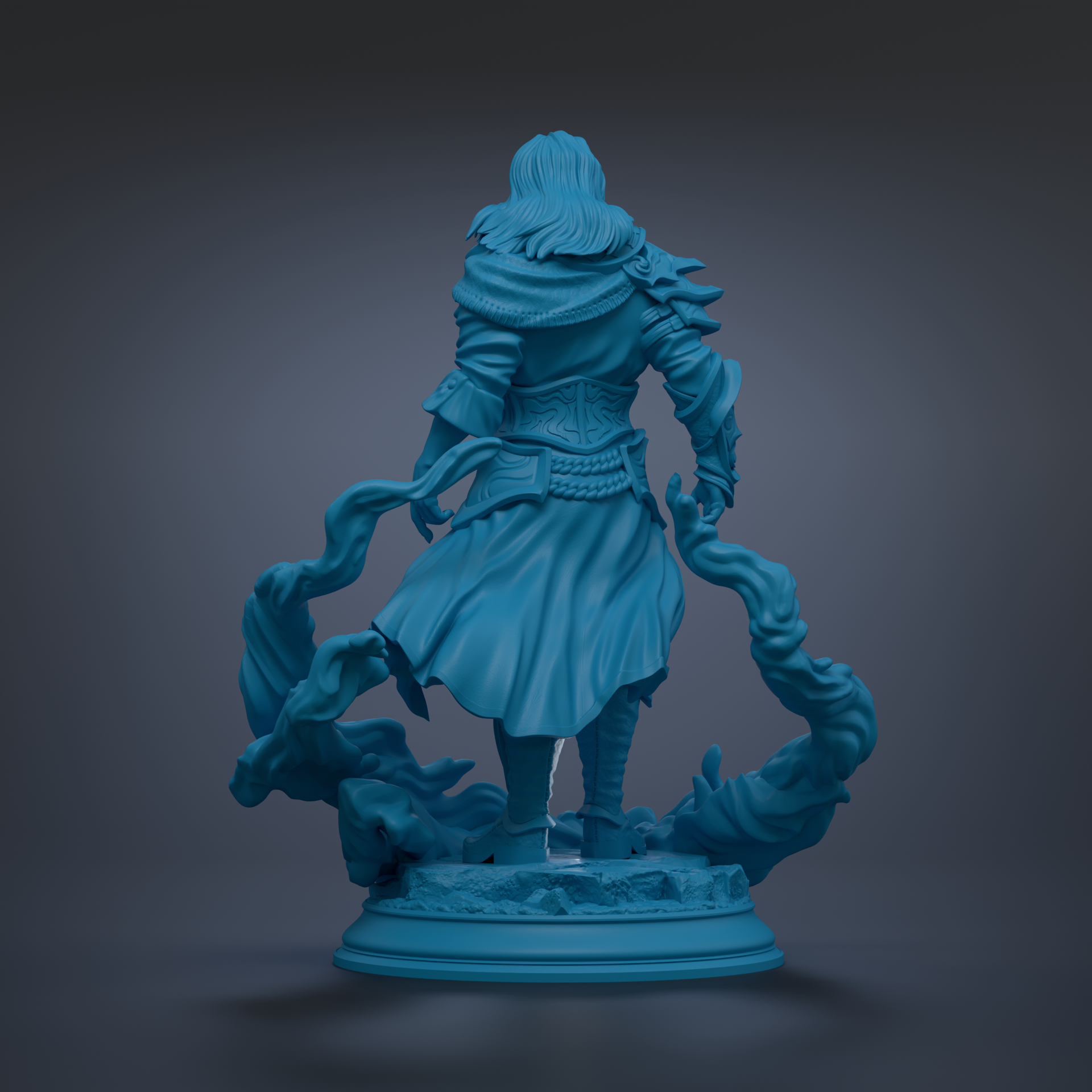 A blue statue of a person standing with their back to the viewer, wearing a flowing robe and holding a weapon.