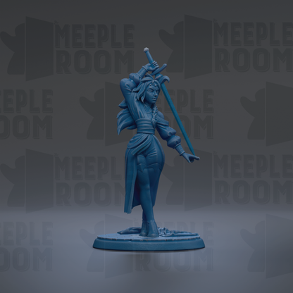 A blue figurine of a woman holding a sword stands on a base against a dark background with repeated "MEIPLLE ROOM" text.