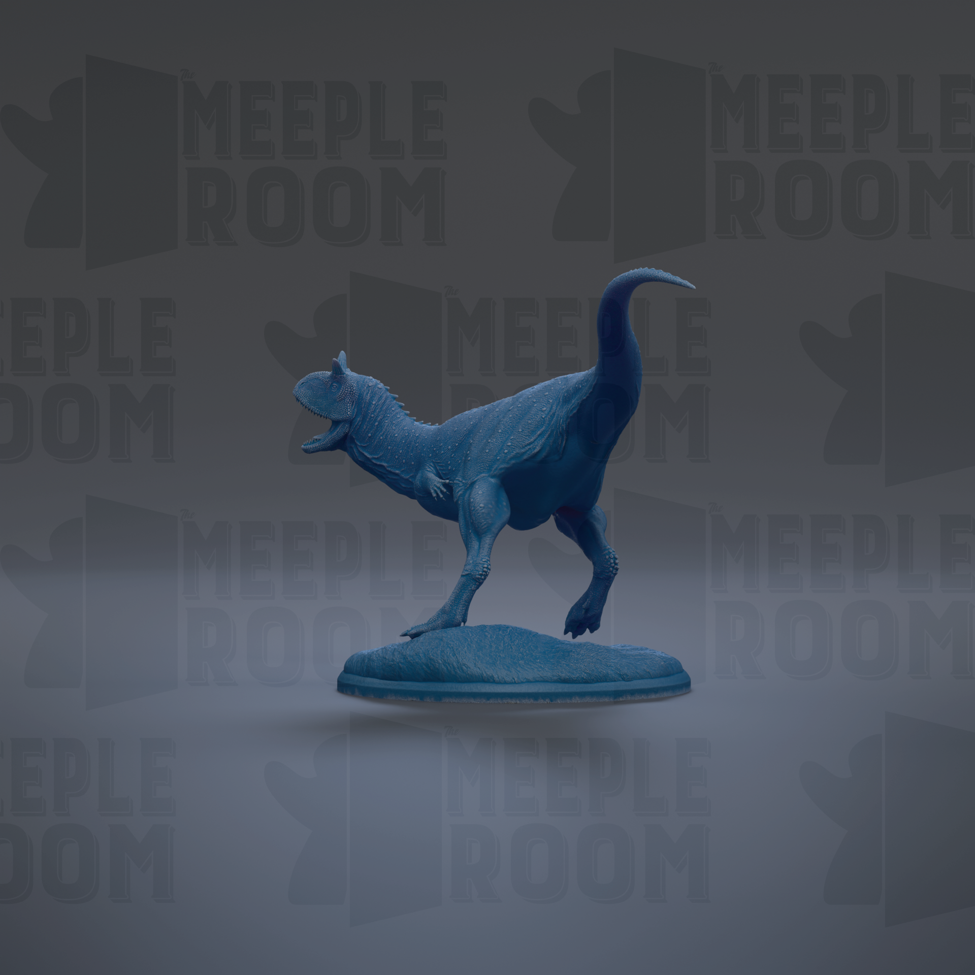 A blue toy dinosaur figurine is standing on a blue base against a gray background with repeated text.