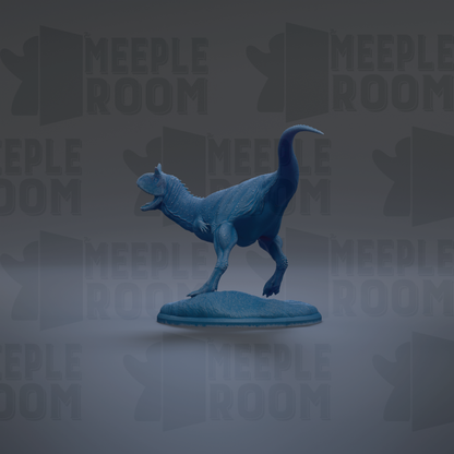A blue toy dinosaur figurine is standing on a blue base against a gray background with repeated text.