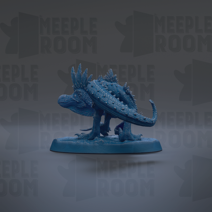 A blue, 3D-rendered dragon figurine is displayed against a dark background with repeated text.