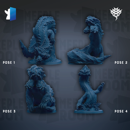 four figurines of a large, blue-colored creature, possibly a mythical or fantastical creature, posed in different positions.