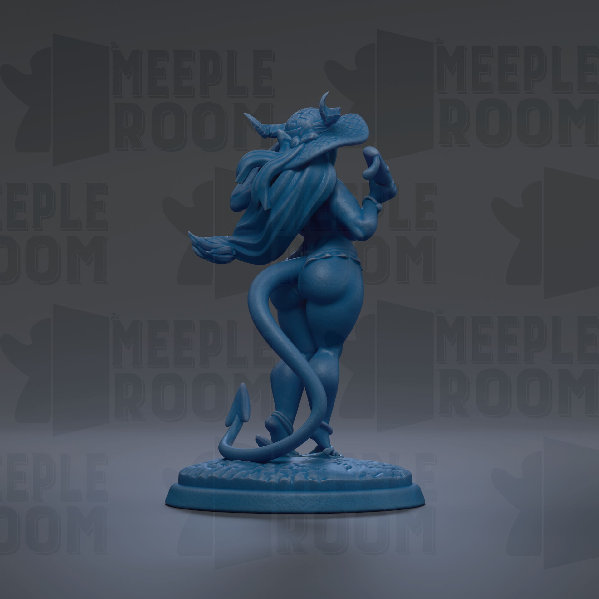 A blue figurine of a woman with horns and a tail, standing on a base and facing away from the camera.
