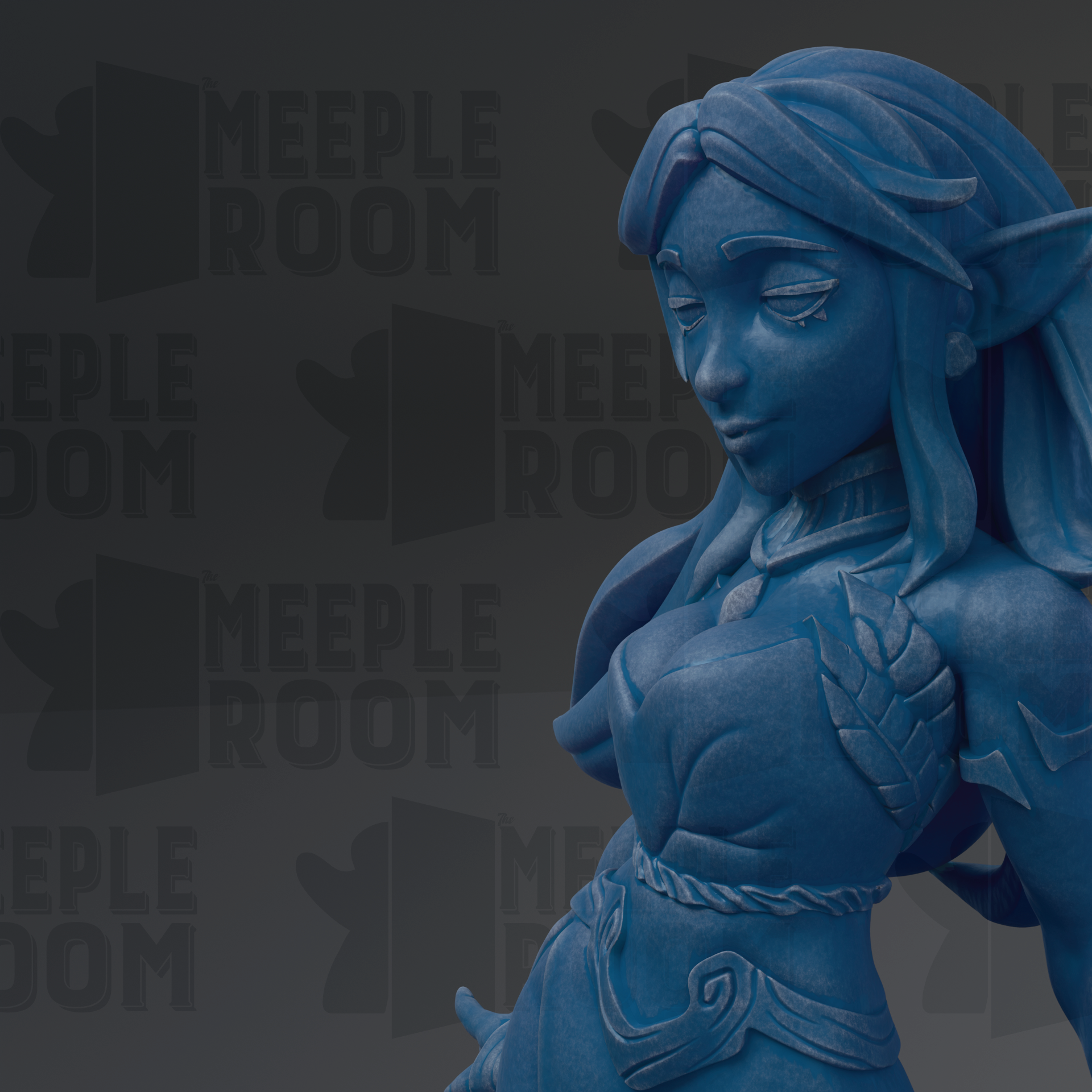 A blue statue of a female character with long hair and a flowing dress, set against a dark background with repeated text.