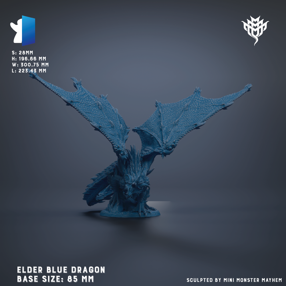 The image is a 3D model of a blue dragon statue, with the dragon's wings spread wide. The dragon is depicted in a sculpted form, and the base size is 85 millimeters. The image is a 3D rendering of the Elder Blue Dragon, which is a base size of 85 millimeters.