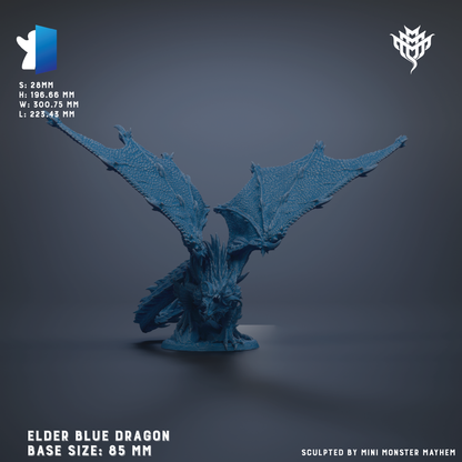 The image is a 3D model of a blue dragon statue, with the dragon's wings spread wide. The dragon is depicted in a sculpted form, and the base size is 85 millimeters. The image is a 3D rendering of the Elder Blue Dragon, which is a base size of 85 millimeters.