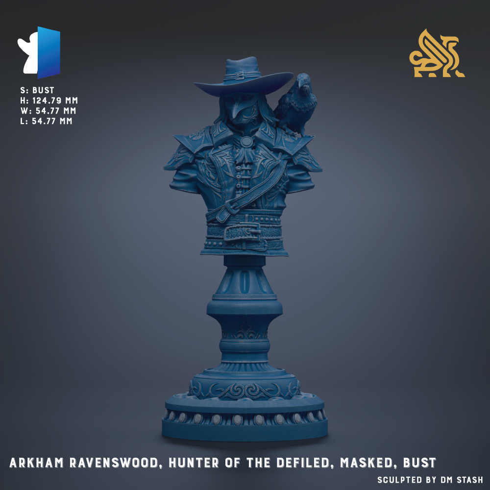 A blue bust sculpture of a character with a bird perched on its shoulder, wearing a hat and a mask, against a dark background.