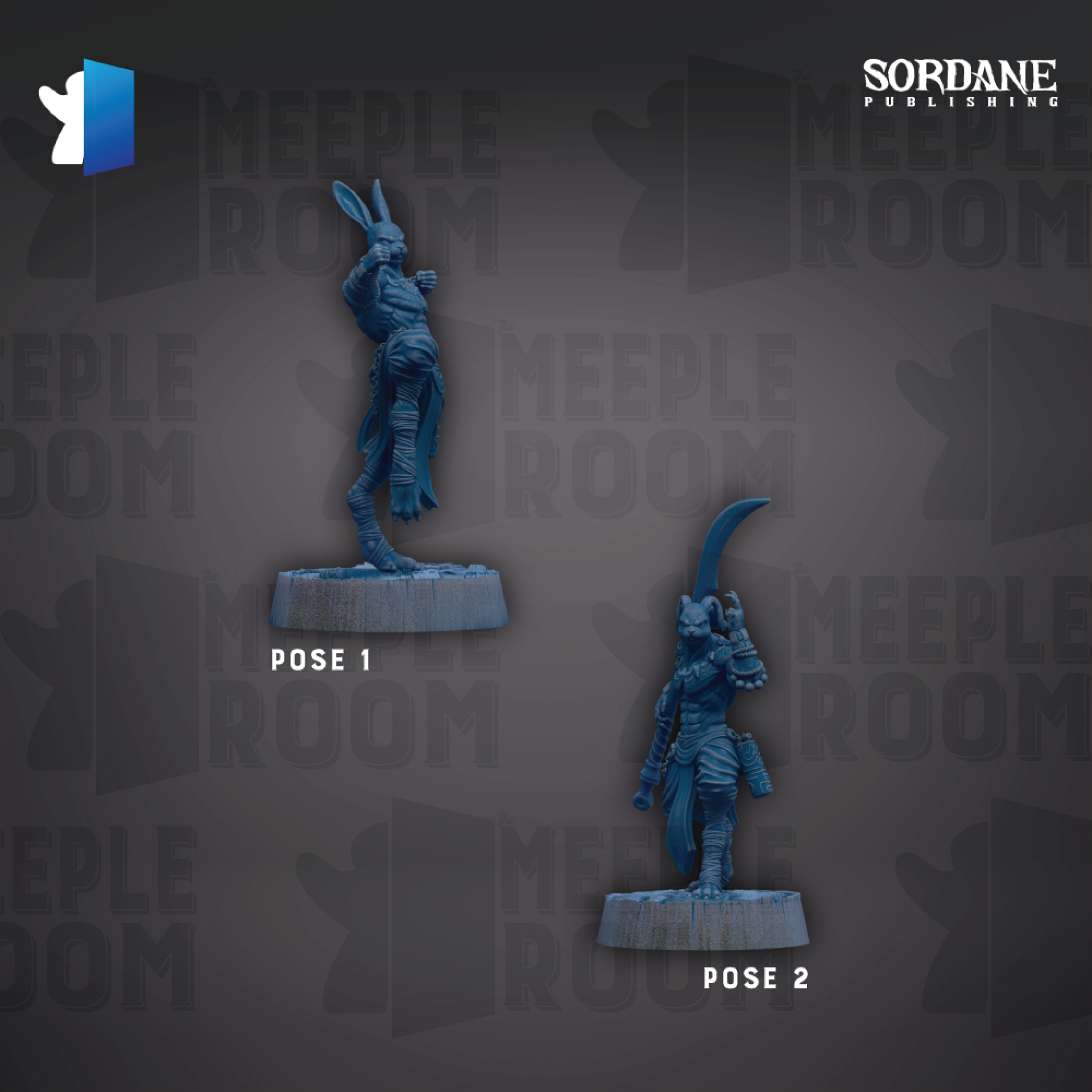 two blue figurines, each with a unique pose, set against a dark background with repeated text.
