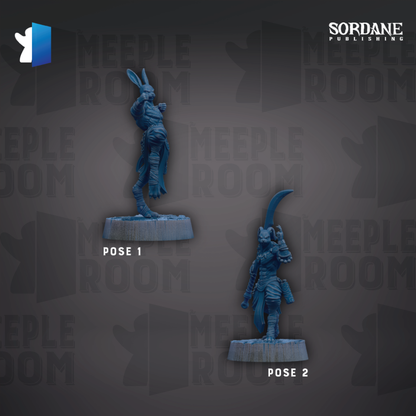 two blue figurines, each with a unique pose, set against a dark background with repeated text.
