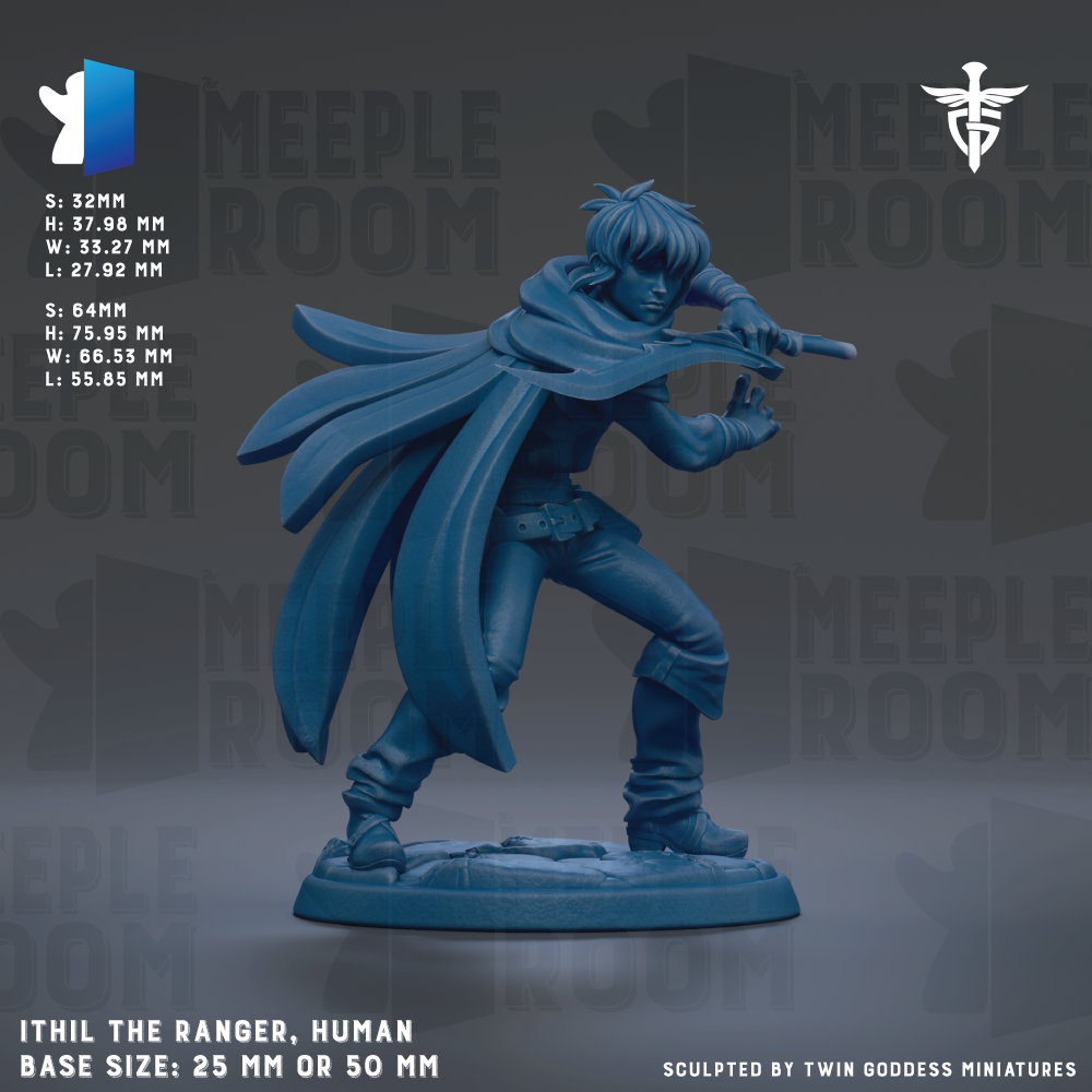The image is a figurine of a human character, specifically a ranger, in a dynamic pose with a sword in hand. The figurine is described as a "meadow" and is shown in various sizes, ranging from 25mm to 50mm. The figurine is sculpted by Twin Goddess Miniatures.