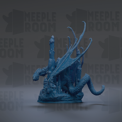 A blue dragon figurine with a long tail and wings is displayed against a dark background with repeated text.