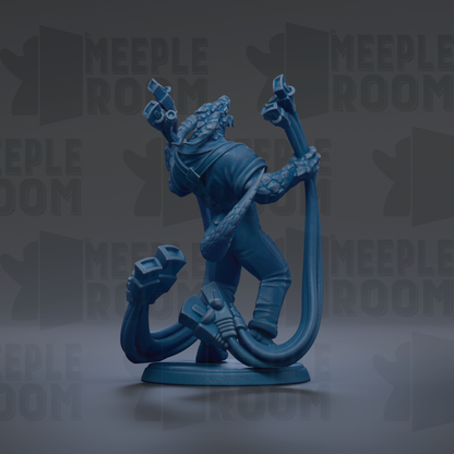 A blue figurine of a creature with a long, flexible body and a head with a snake-like appearance, holding a pipe in its hands.