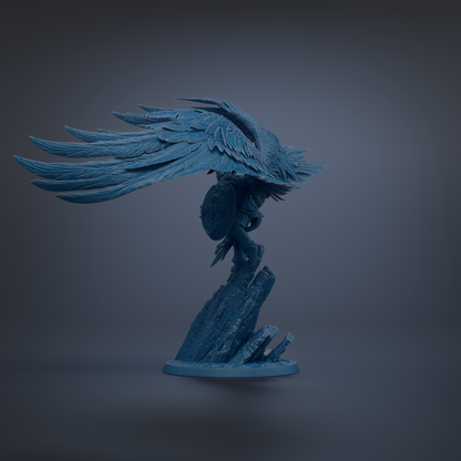 A blue, winged statue of a figure standing on a rock formation against a dark background.