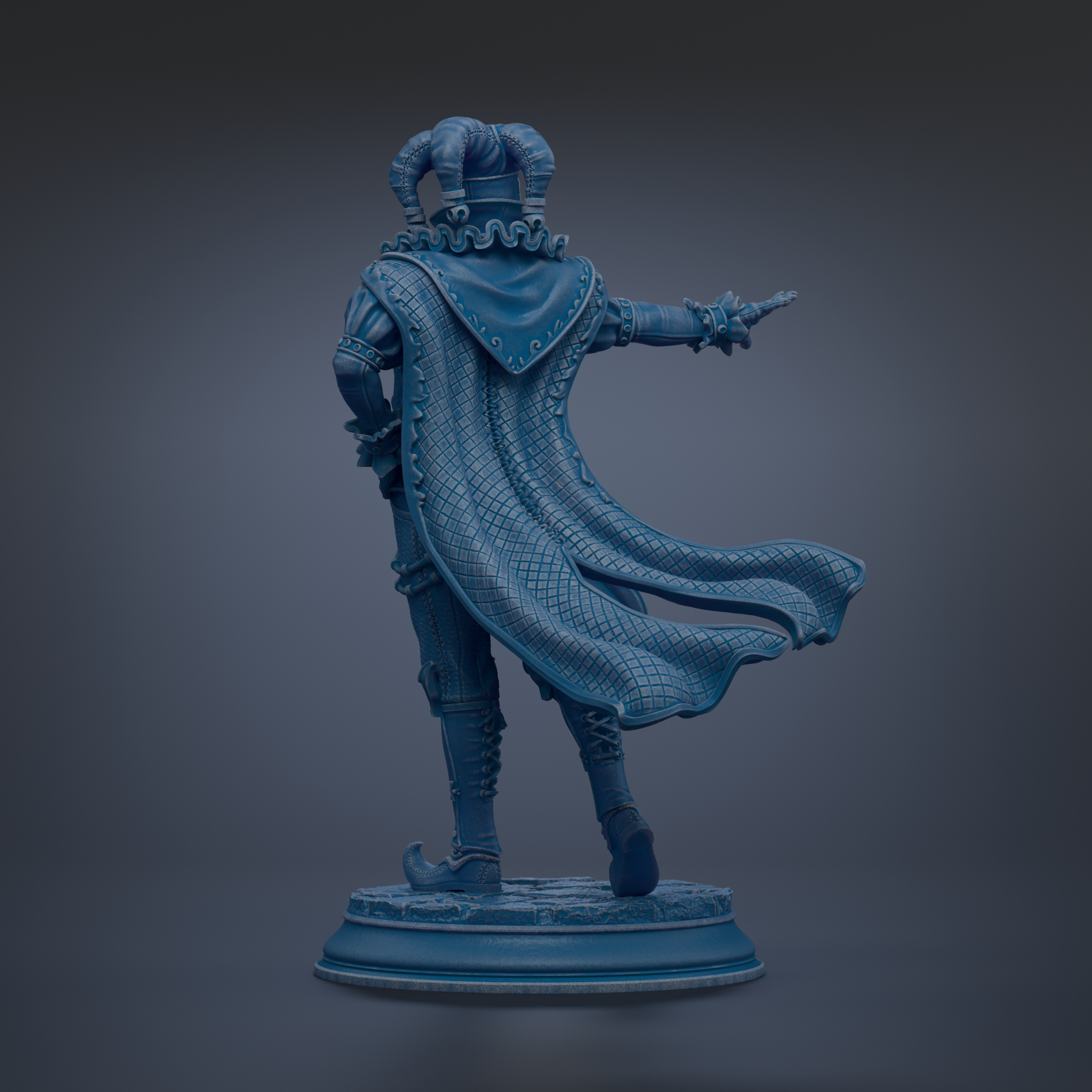 A blue statue of a person with a flowing cape and a pointed hat, standing on a pedestal and pointing towards the right side of the image.