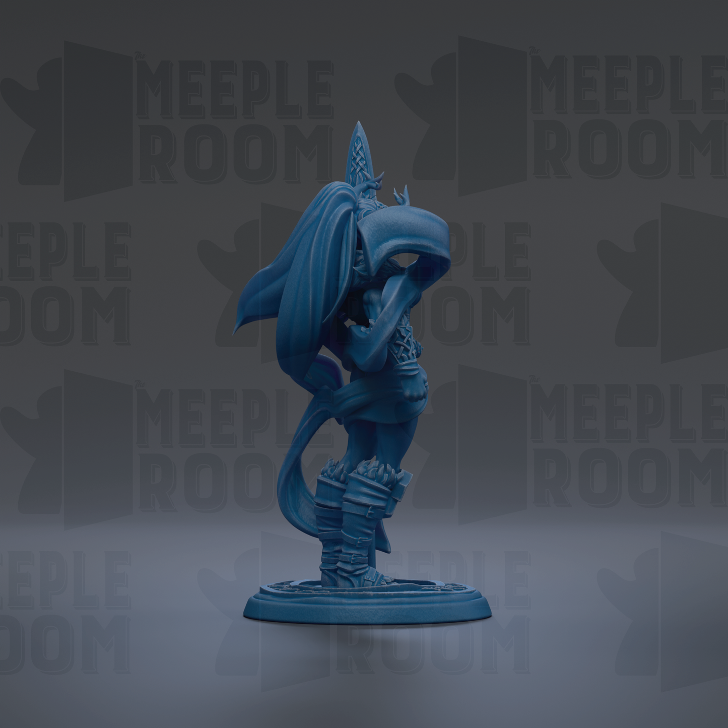 A blue figurine of a character with a pointed hat and flowing cape stands on a base against a dark background with repeated text.