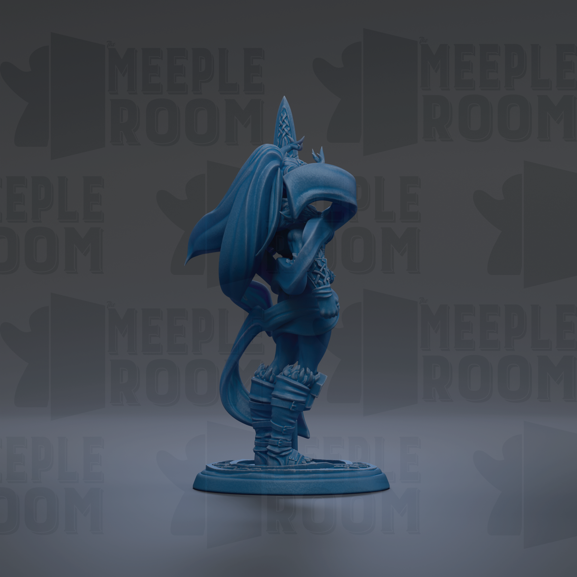 A blue figurine of a character with a pointed hat and flowing cape stands on a base against a dark background with repeated text.