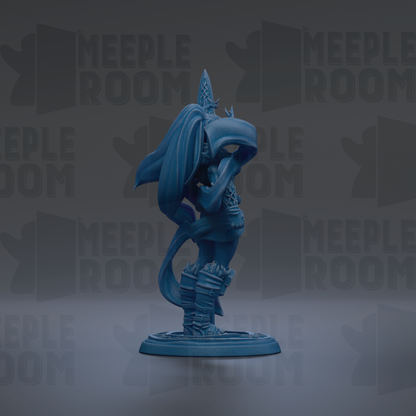 A blue figurine of a character with a pointed hat and flowing cape stands on a base against a dark background with repeated text.