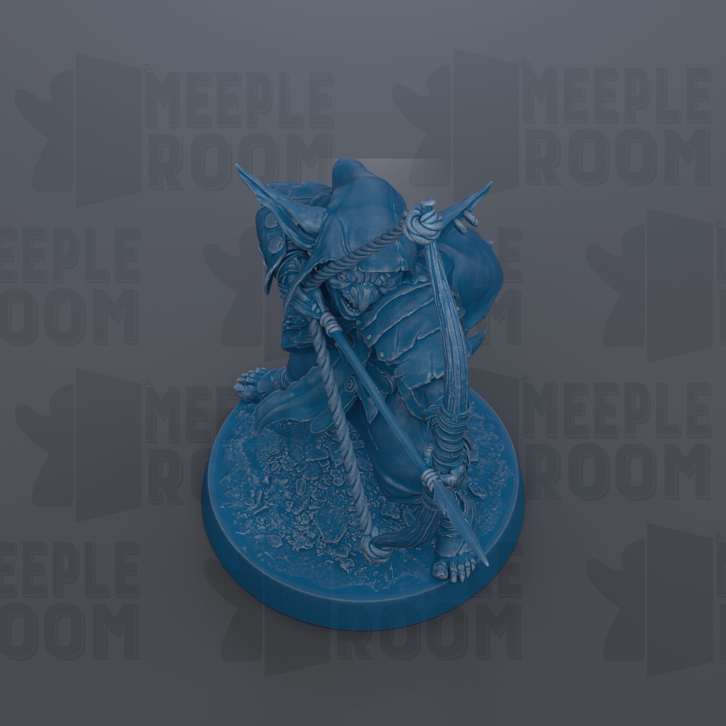 A blue figurine of a warrior figure, possibly a dragon or mythical creature, is depicted in a 3D rendering against a dark background with repeated text.