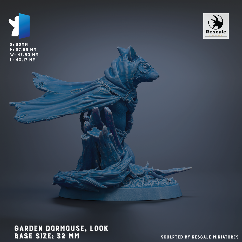 The image is a 3D rendering of a garden dormouse figurine, which is a small, furry creature with a pointed snout and large ears. The figurine is depicted in a dynamic pose, with its wings spread out and its body oriented towards the right side of the image. The base size of the figurine is 32 millimeters. The image is a 3D rendering of a garden dormouse, and it is described as being sculpted by Rescale miniatures.