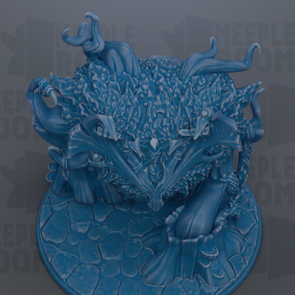A detailed 3D rendering of a fantastical creature with intricate, organic shapes and textures, including a large, horned head and a body covered in a textured, blue-green material.
