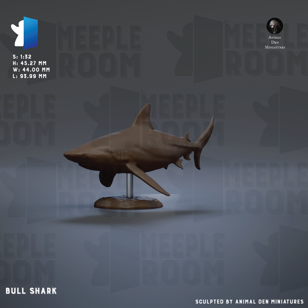 The image is a 3D rendering of a bull shark, a type of shark, displayed on a stand.