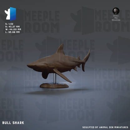 The image is a 3D rendering of a bull shark, a type of shark, displayed on a stand.