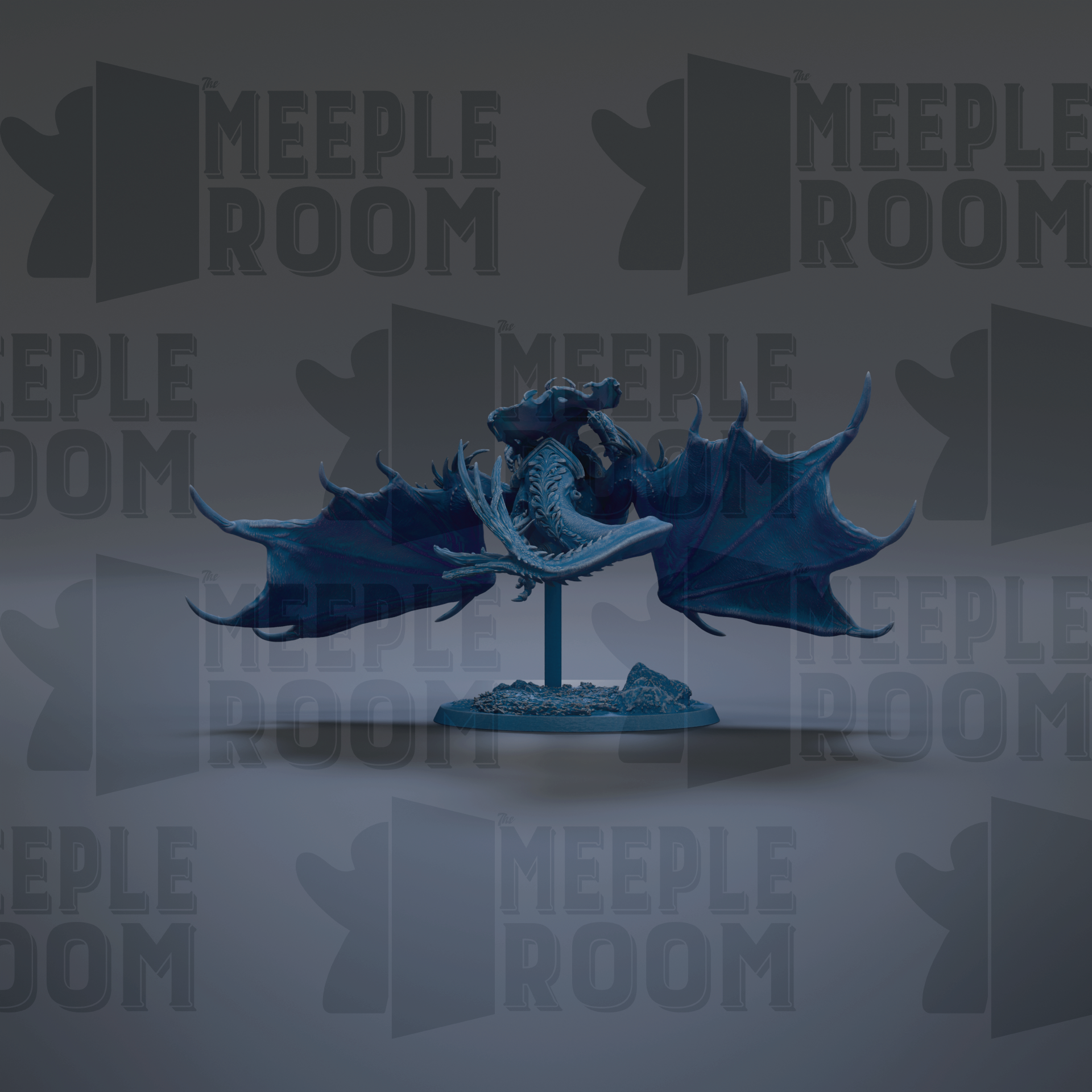 A blue dragon figurine with wings spread out, set against a dark background with repeated text.