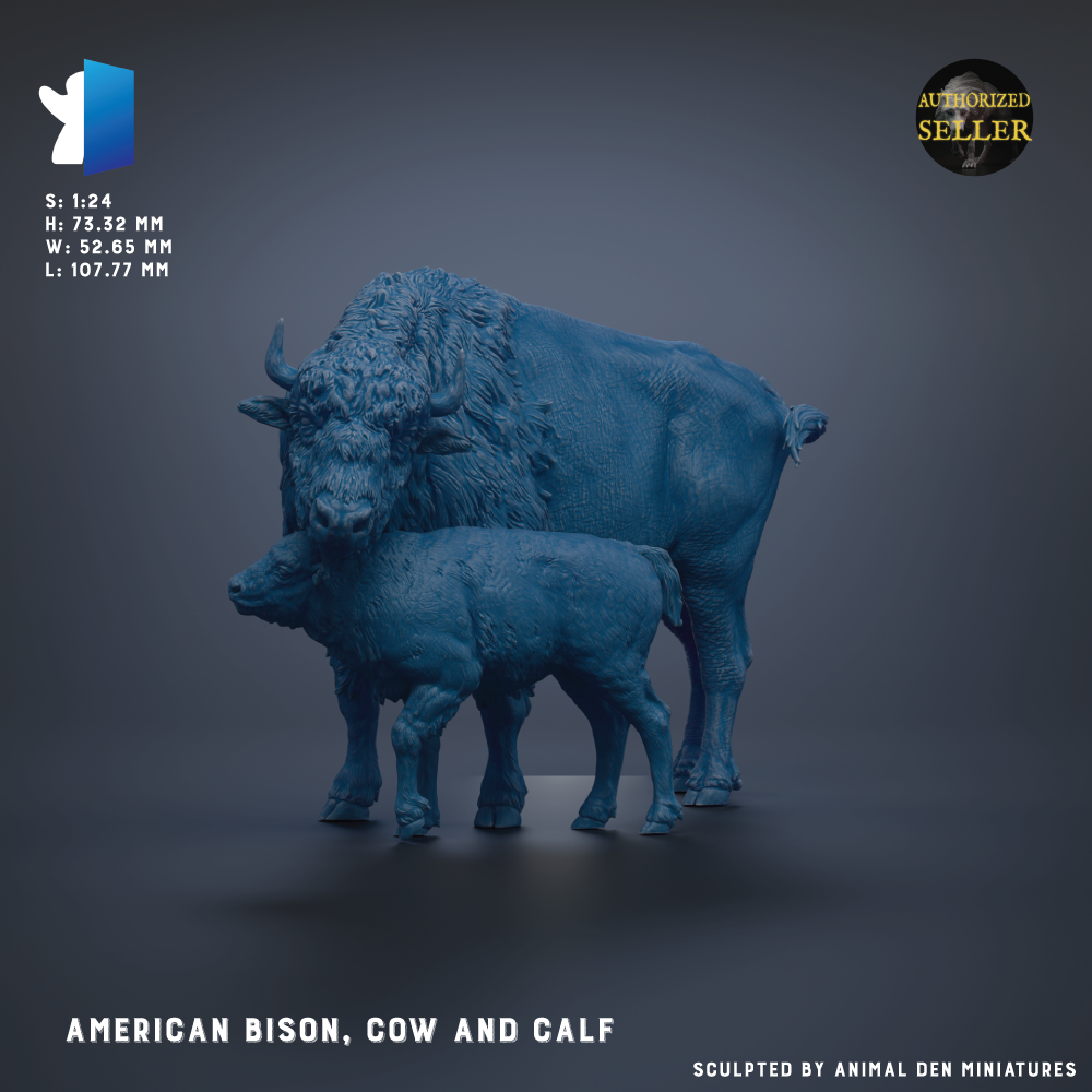 a large blue bison, a cow, and a calf standing together.