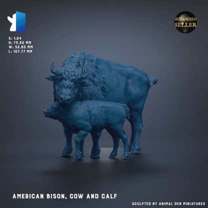 a large blue bison, a cow, and a calf standing together.