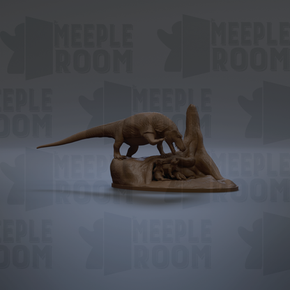 A 3D model of a dinosaur, possibly a T-Rex, is shown in a dark environment with the text "MEIPLE ROOM" repeated in the background.