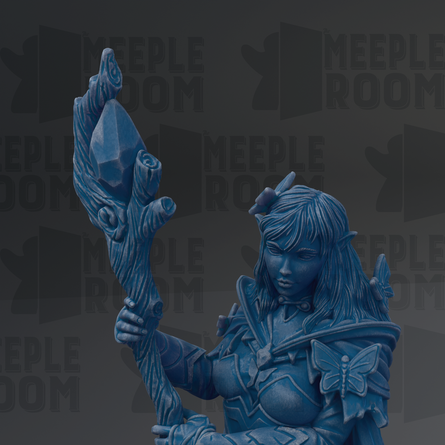 A blue statue of a woman holding a staff with a gemstone on top, wearing a blue outfit with butterfly wings, and standing against a dark background with repeated text.