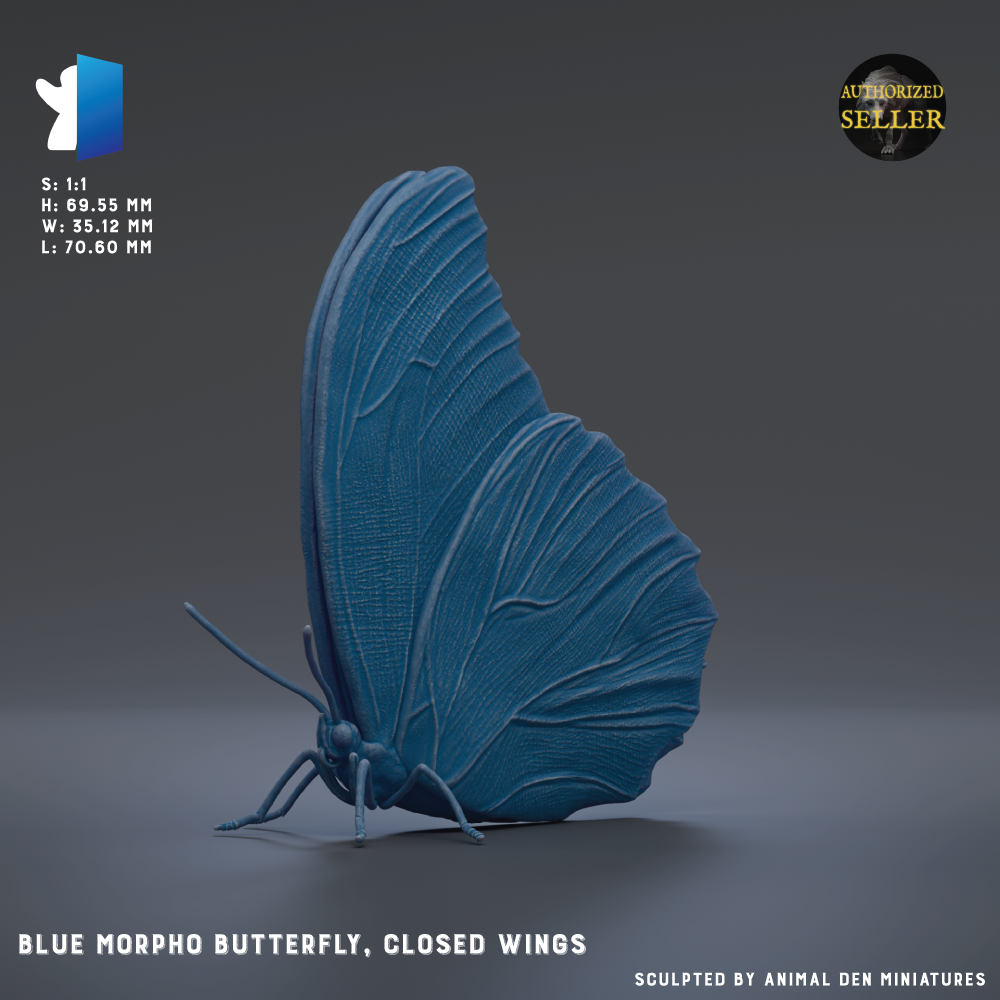 A 3D rendering of a blue butterfly with closed wings, set against a dark background.