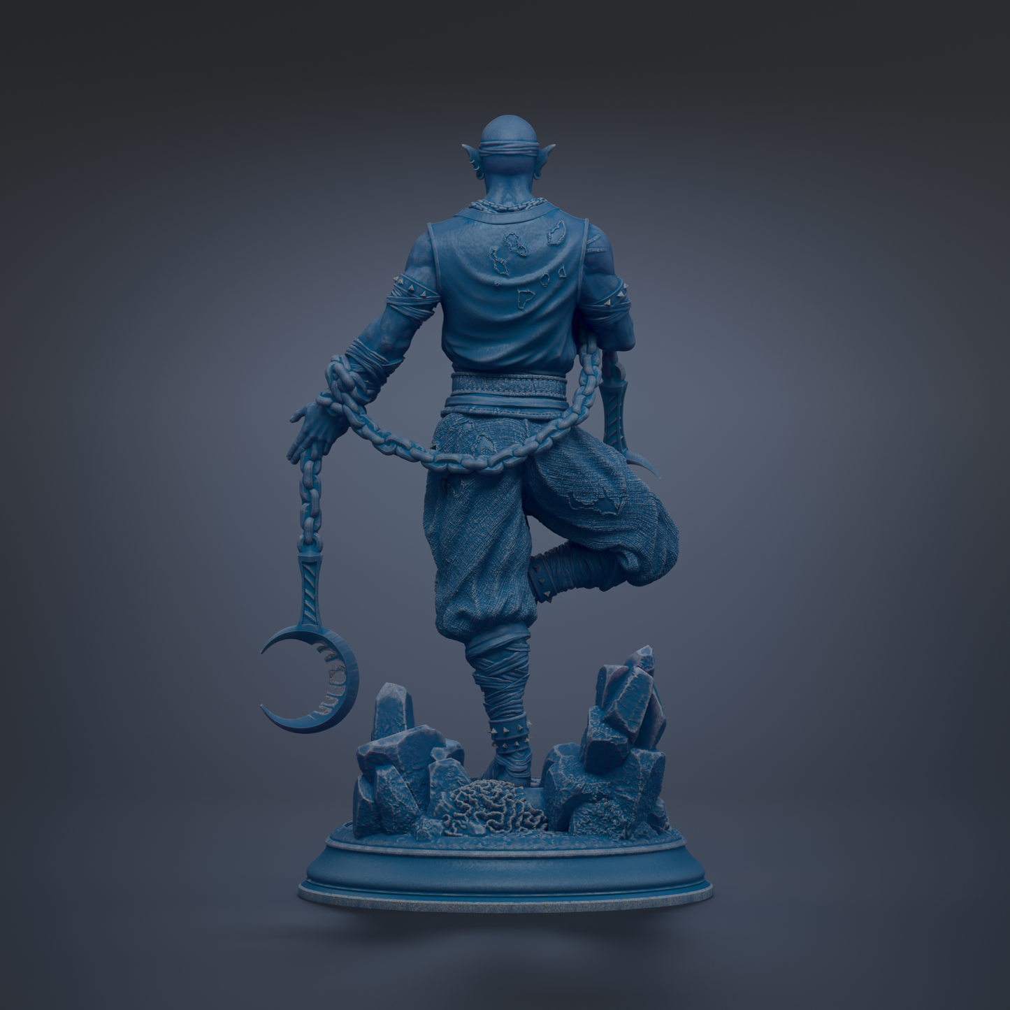 A blue statue of a figure holding a crescent moon and a chain, standing on a base with rocks and crystals.