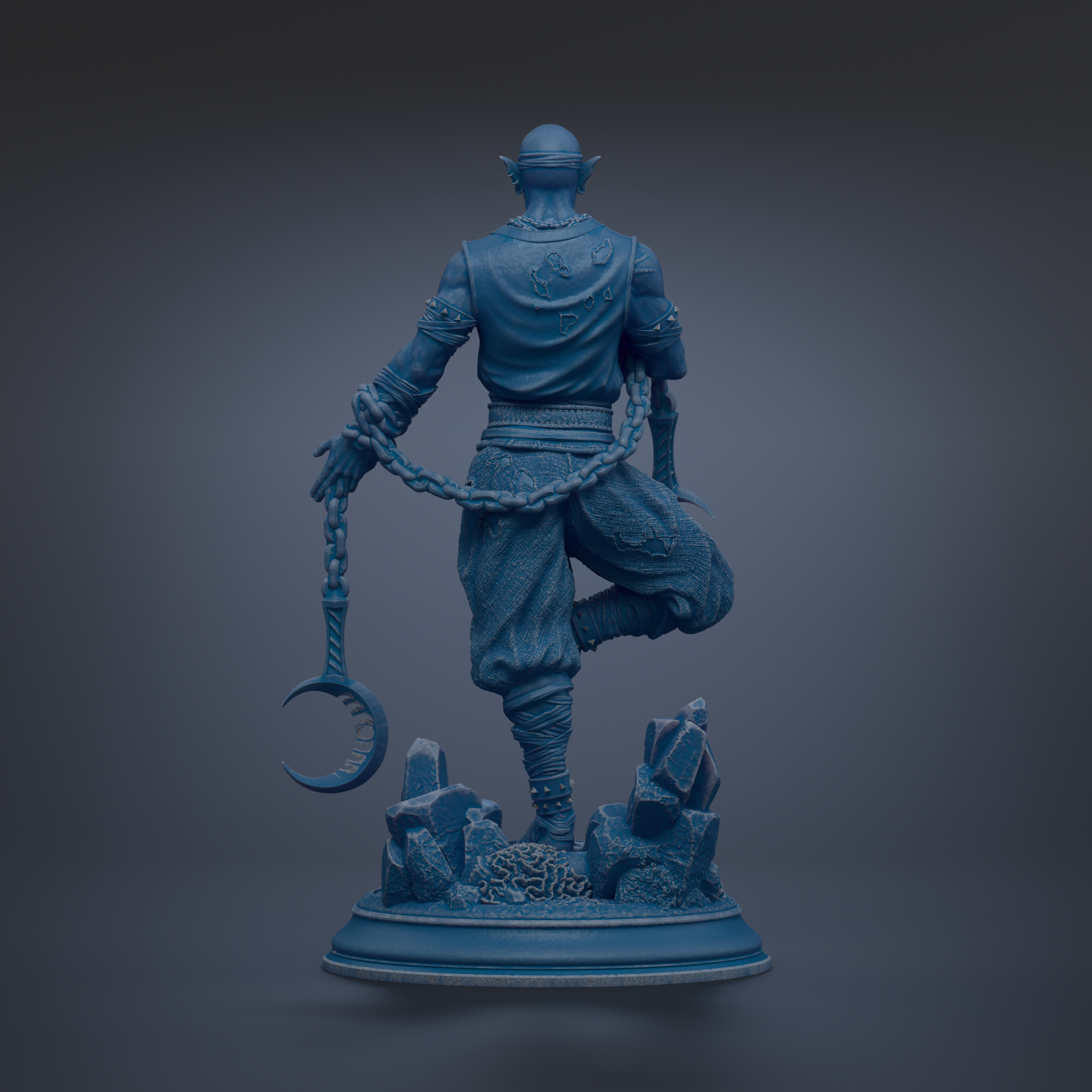 A blue statue of a figure holding a crescent moon and a chain, standing on a base with rocks and crystals.