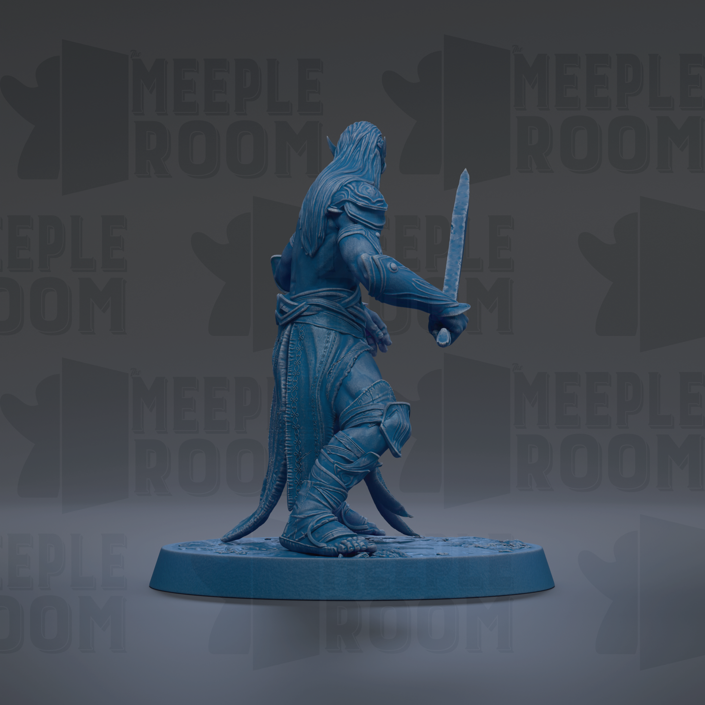 A blue figurine of a warrior holding a sword stands on a circular base against a dark background with repeated text.