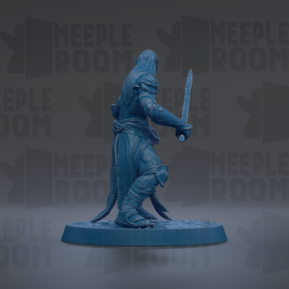 A blue figurine of a warrior holding a sword stands on a circular base against a dark background with repeated text.