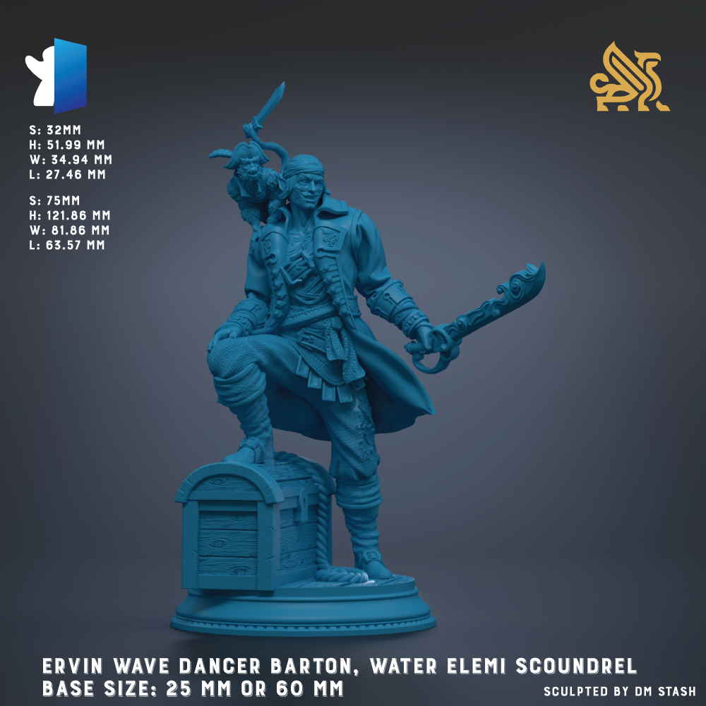 A blue statue of a pirate character, specifically the Evin wave dancer, holding a sword and a parrot. The statue is described as a base size of 25 mm or 60 mm.